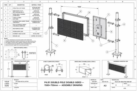 Labeled assembly drawing and BOM for 2' 6" × 3' 3" P4.81 LED sign