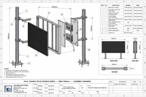 Labeled assembly drawing and BOM for 8' 2" × 16' 5" P4.81 LED sign
