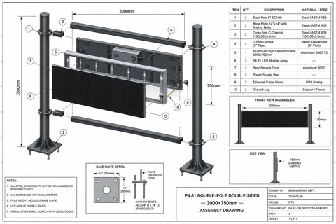 Labeled assembly drawing and BOM for 4' 1" × 4' 11" P4.81 LED sign