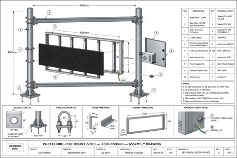 Labeled assembly drawing and BOM for 12' 4" × 24' 7" P4.81 LED sign